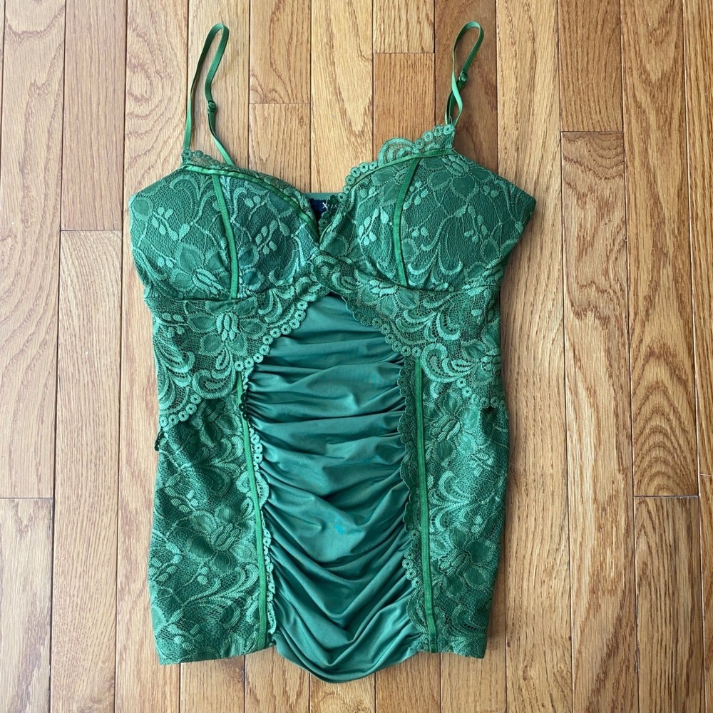 Vintage Y2K XOXO Green Lace Satin Bustier Cami Tank Top M McBling Indie Sleeze - Picture 10 of 13
